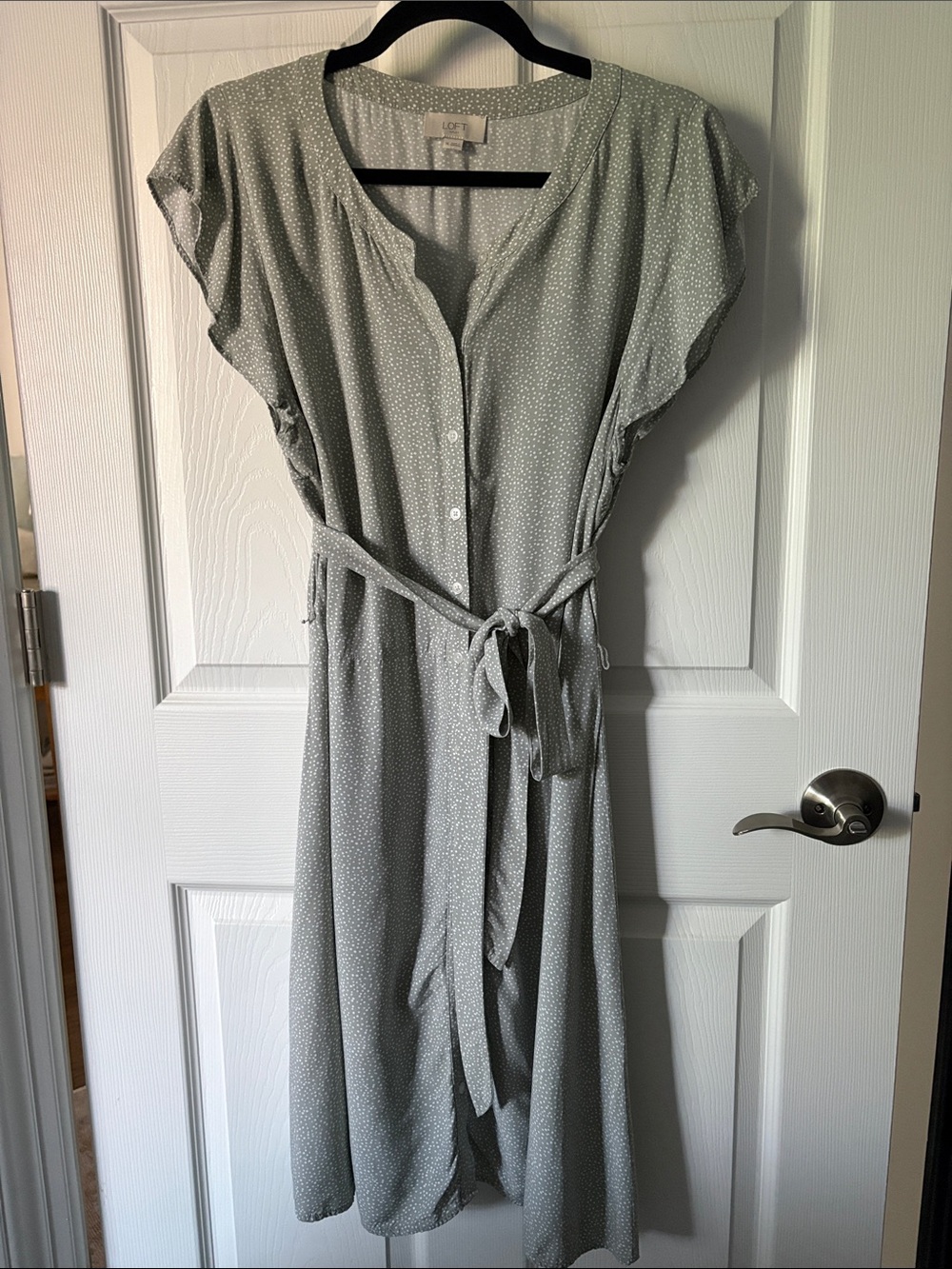 LOFT Sage Green Dot Button-Front Midi Dress